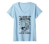 Womens Grumpy Old Veteran Funny US Flag Grandpa Patriotic V-Neck T-Shirt