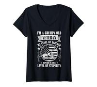 Womens Grumpy Old Veteran Funny US Flag Grandpa Patriotic V-Neck T-Shirt