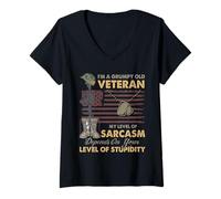 Womens Grumpy Old Veteran Funny US Flag Grandpa Patriotic V-Neck T-Shirt