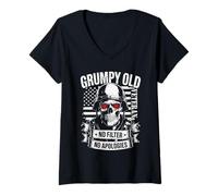 Women's Grumpy Old Veteran Skull USA Flag No Filter No Apologies V-Neck T-Shirt