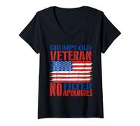 Womens Grumpy Old Veterans Day US Flag Military No Filter Apologies V-Neck T-Shirt