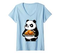 Women's Grumpy Panda with Turkey Funny Thanksgiving V-Neck T-Shirt