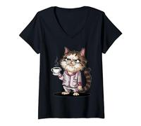 Womens Grumpy Persian cat striped in red pijama with coffee cup V-Neck T-Shirt