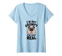 Women's Grumpy Pug Coffee Lover Keeping It Real Sarcastic Dog Humor V-Neck T-Shirt