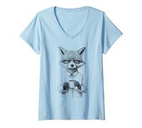 Women's Grumpy Raccoon Coffee Lover Funny Animal Design V-Neck T-Shirt