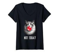 Women's Grumpy Ragdoll Cat Not Today Blowing Red Bubble Gum V-Neck T-Shirt