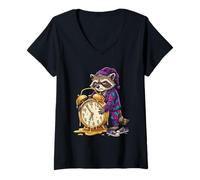 Women's Grumpy Sleepy Raccoon Pajamas Melting Clock Trash Panda Mom V-Neck T-Shirt
