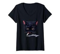 Women's Grumpy Smoking Black Cat Y2K Vibe Retro Design V-Neck T-Shirt