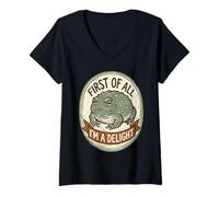 Women's Grumpy Toad Amphibian Vintage First of All I'm a Deilght V-Neck T-Shirt