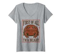 Women's Grumpy Toad Woodcut First of All I'm A Delight Sarcastic Art V-Neck T-Shirt
