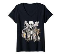 Women's Grunge Rock Skeleton Graffiti Artist Vintage Punk V-Neck T-Shirt