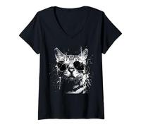 Women's Grunge Style Hipster Bengal Cat with Sunglasses V-Neck T-Shirt