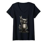 Womens Grunge Tomcat Cat Rock Hand Sunglasses Attitude V-Neck T-Shirt