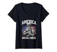 Womens Grunge US Flag Army Skeleton Military Special Forces V-Neck T-Shirt
