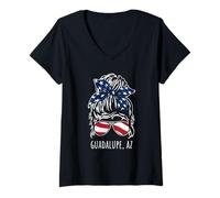 Women's Guadalupe AZ Messy Hair Bun Ribbon Sunglasses Design V-Neck T-Shirt