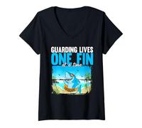 Women's Guarding Lives One Fin At A Time Humorous Shark Lifeguard V-Neck T-Shirt
