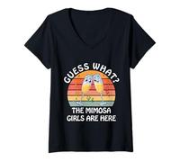 Womens Guess What? Mimosa Girls are Here - Retro Brunch Party Squad V-Neck T-Shirt