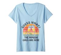 Womens Guess What? Mimosa Girls are Here - Retro Brunch Party Squad V-Neck T-Shirt