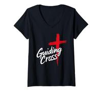 Womens Guiding Cross Bold Red Christian Inspirational Faith Artwork V-Neck T-Shirt