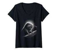 Womens Guinea Pig Playing Keyboard Piano Player Pet Lover V-Neck T-Shirt