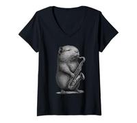 Womens Guinea Pig Playing Saxophone Jazz Music Pet Lover V-Neck T-Shirt