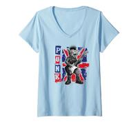 Womens Guitar Playing Cat in Punk Outfit with Union Jack V-Neck T-Shirt