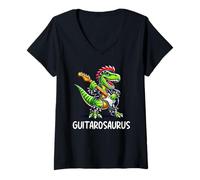 Womens Guitarosaurus Funny Dinosaur Guitarist, Guitar Music Dino V-Neck T-Shirt