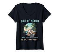 Womens Gulf of Mexico Turtle Be Salty and Resist Graphic V-Neck T-Shirt
