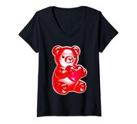 Women's Gummy Bear Candy Heart Red V-Neck T-Shirt