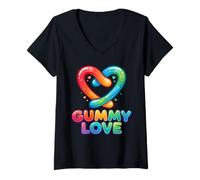 Women's Gummy Love Worms Heart Cute Candy Valentine Graphic V-Neck T-Shirt