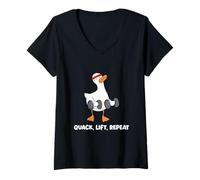 Women's Gym Duck Quack Lift Repeat Funny Workout Fitness Training V-Neck T-Shirt