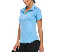Womens Gym Tops, Sports Top Women Short Sleeve Zip Up Running Tops Ladies Golf Clothing Casual Womens Polo Shirts Light Blue
