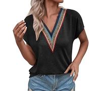 Womens Gym Tops Women Summer Dressy Collared V Neck Chiffon Pleated Blouse Short Sleeve Tunic Tops Casual T-Shirts Witch Tops for Women UK Tees (Black, XXL)