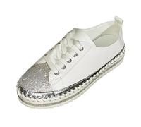 Womens Gym Trainers Ladies Fashion Sequin Lace Up Comfortable Thick Soled Casual Shoes White