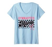Women's Gymnastics Mama Crazy Proud Always Loud Bow Checkered Print V-Neck T-Shirt