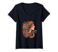 Womens Gypsy Woman Fortune Teller Snake Traditional Tattoo Flash V-Neck T-Shirt