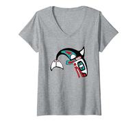 Women's Haida Killer Whale Pacific Northwest Native Art Tshirt V-Neck T-Shirt