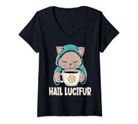 Womens Hail Lucifur Cute Occult Satanic Hail Satan Cat V-Neck T-Shirt
