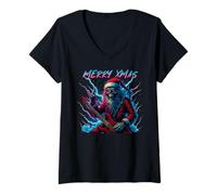 Womens Hail Santa Pagan Happy Solstice Christmas Metal Rock Guitar V-Neck T-Shirt