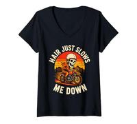 Women's Hair Just Slows Me Down Bald Biker Skull V-Neck T-Shirt