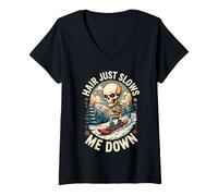 Women's Hair Just Slows Me Down Bald Snowboarder Skull V-Neck T-Shirt
