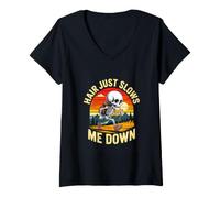 Women's Hair Just Slows Me Down Hiker Skeleton Trekking Sunset V-Neck T-Shirt