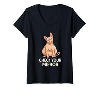 Womens Hairless Cat Check Your Mirror Sarcastic Humor V-Neck T-Shirt