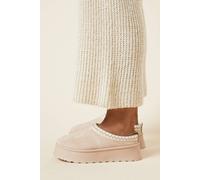 Womens Haisley Suedette Faux Fur Lined Stitch Detail Mules Beige 8