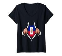 Women's Haiti Flag Ripped Graphic Haitian Pride Roots V-Neck T-Shirt