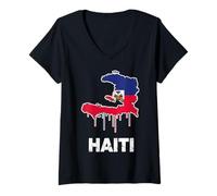 Women's Haiti Map Flag Dripping Paint Graffiti Urban Caribbean Pride V-Neck T-Shirt
