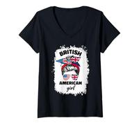 Womens Half American British America Great Britain UK USA Flag Girl V-Neck T-Shirt