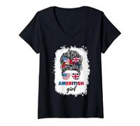 Womens Half American British America Great Britain UK USA Flag Girl V-Neck T-Shirt