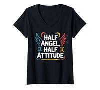 Womens Half Angel Half Attitude Gemini Zodiac Art V-Neck T-Shirt