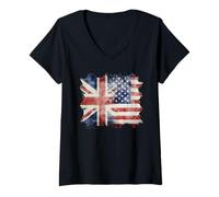 Womens Half British and American UK America Roots Union Jack Flag V-Neck T-Shirt